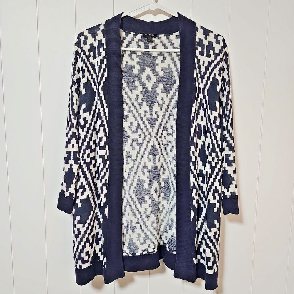 Talbots Linen Cotton Knit Cardigan Navy Geometric Coastal 3/4 Sleeve Office